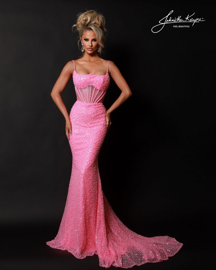 Johnathan Kayne 3235 Barbie pink beaded stretch mesh fit-and-flare gown with corset-style bodice, perfect for prom, teen pageant evening wear and red carpet events.